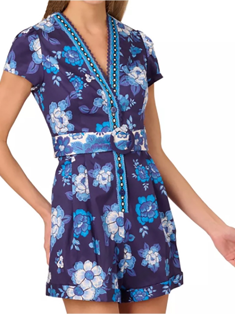 Adrianna Papell Navy Lace-Trim Romper